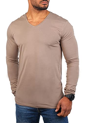 Young & Rich Herren Langarm Shirt mit tiefem V-Ausschnitt deep v-Neck Longsleeve Slim fit Stretch 2239, Grösse:M, Farbe:Hellbraun von Young & Rich