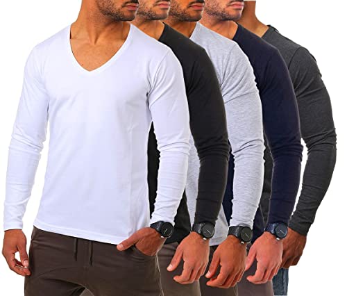 Young&Rich Herren Langarm Shirt mit tiefem V-Ausschnitt deep v-Neck Longsleeve Slim fit Stretch 2239, Grösse:M, Farbe:Weiß/Schwarz/Grau/Dunkelgrau/Dunkelblau (5er Pack) von Young & Rich