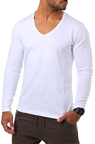 Young & Rich Herren Langarm Shirt mit tiefem V-Ausschnitt deep v-Neck Longsleeve Slim fit Stretch 2239, Grösse:M, Farbe:Weiß von Young & Rich