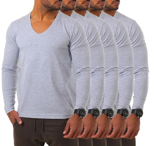 Young&Rich Herren Langarm Shirt mit tiefem V-Ausschnitt deep v-Neck Longsleeve Slim fit Stretch 2239, Grösse:S, Farbe:Grau Melange (5er Pack) von Young & Rich
