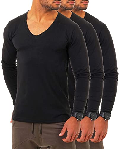 Young & Rich Herren Langarm Shirt mit tiefem V-Ausschnitt deep v-Neck Longsleeve Slim fit Stretch 2239, Grösse:S, Farbe:Schwarz (3er Pack) von Young & Rich