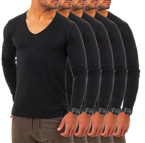Young & Rich Herren Langarm Shirt mit tiefem V-Ausschnitt deep v-Neck Longsleeve Slim fit Stretch 2239, Grösse:S, Farbe:Schwarz (5er Pack) von Young & Rich