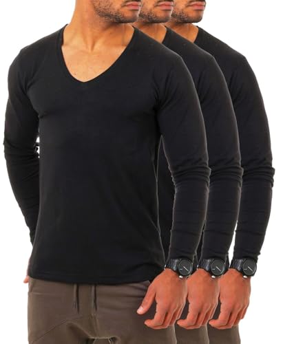 Young & Rich Herren Langarm Shirt mit tiefem V-Ausschnitt deep v-Neck Longsleeve Slim fit Stretch 2239, Grösse:XL, Farbe:Schwarz (3er Pack) von Young & Rich