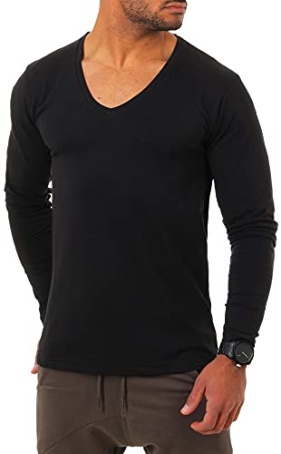 Young & Rich Herren Langarm Shirt mit tiefem V-Ausschnitt deep v-Neck Longsleeve Slim fit Stretch 2239, Grösse:XL, Farbe:Schwarz von Young & Rich