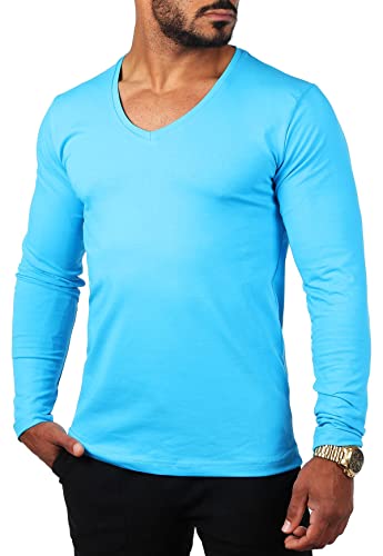 Young & Rich Herren Langarm Shirt mit tiefem V-Ausschnitt deep v-Neck Longsleeve Slim fit Stretch 2239, Grösse:XS, Farbe:Türkis von Young & Rich