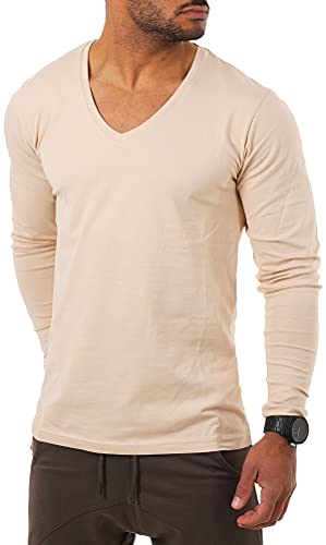 Young & Rich Herren Langarm Shirt mit tiefem V-Ausschnitt deep v-Neck Longsleeve Slim fit Stretch 2239, Grösse:XXL, Farbe:Beige von Young&Rich