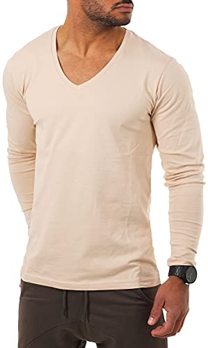 Young & Rich Herren Langarm Shirt mit tiefem V-Ausschnitt deep v-Neck Longsleeve Slim fit Stretch 2239, Grösse:XXL, Farbe:Beige von Young & Rich