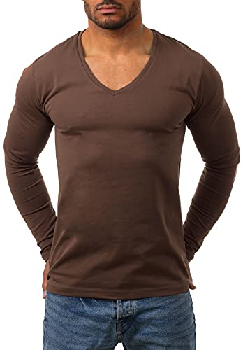 Young & Rich Herren Langarm Shirt mit tiefem V-Ausschnitt deep v-Neck Longsleeve Slim fit Stretch 2239, Grösse:XXL, Farbe:Braun von Young & Rich