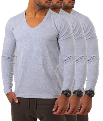 Young&Rich Herren Langarm Shirt mit tiefem V-Ausschnitt deep v-Neck Longsleeve Slim fit Stretch 2239, Grösse:XXL, Farbe:Grau Melange (3er Pack) von Young & Rich