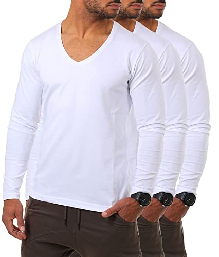 Young & Rich Herren Langarm Shirt mit tiefem V-Ausschnitt deep v-Neck Longsleeve Slim fit Stretch 2239, Grösse:XXL, Farbe:Weiß (3er Pack) von Young & Rich