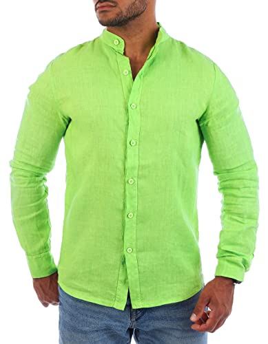 Young & Rich Herren Leinen Hemd Stehkragen langarm körperbetont leicht tailliert 100% Leinen H1651, Grösse:3XL, Farbe:Lime-Grün von Young & Rich