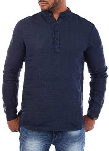 Young & Rich Herren Leinen Langarm Shirt mit Knopfleiste Henley Tunika Hemd Regular fit 100% Leinen H1652 / T3168, Grösse:3XL, Farbe:Dunkelblau von Young&Rich