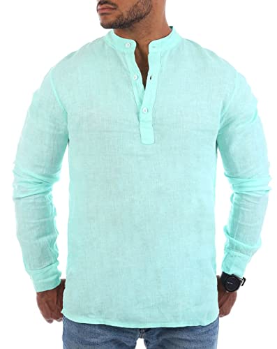 Young & Rich Herren Leinen Langarm Shirt mit Knopfleiste Henley Tunika Hemd Regular fit 100% Leinen H1652 / T3168, Grösse:3XL, Farbe:Mintgrün von Young&Rich