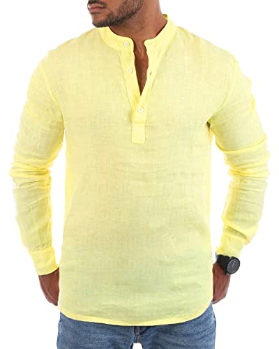 Young & Rich Herren Leinen Langarm Shirt mit Knopfleiste Henley Tunika Hemd Regular fit 100% Leinen H1652 / T3168, Grösse:3XL, Farbe:Zitronen-Gelb von Young & Rich