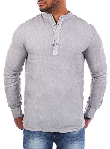 Young & Rich Herren Leinen Langarm Shirt mit Knopfleiste Henley Tunika Hemd Regular fit 100% Leinen H1652 / T3168, Grösse:L, Farbe:Grau von Young&Rich