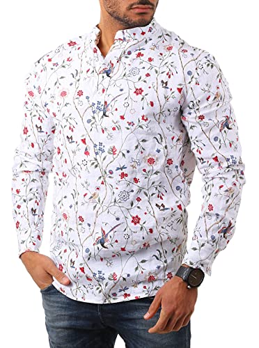 Young & Rich Herren Leinen Langarm Shirt mit Knopfleiste Henley Tunika Hemd Regular fit 100% Leinen H1652 / T3168, Grösse:L, Farbe:Hawaii-Weiß von Young&Rich