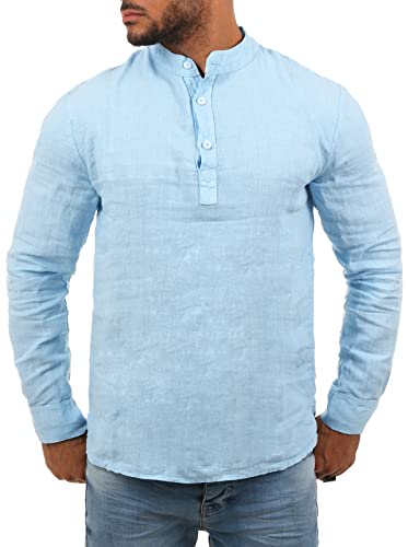 Young & Rich Herren Leinen Langarm Shirt mit Knopfleiste Henley Tunika Hemd Regular fit 100% Leinen H1652 / T3168, Grösse:XL, Farbe:Hellblau von Young&Rich