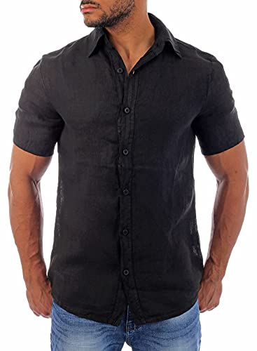 Young & Rich Herren Leinenhemd Kurzarm körperbetonte Passform sommerlich Leichter 100% Leinenstoff Slim Fit T3158, Grösse:M, Farbe:Schwarz von Young&Rich