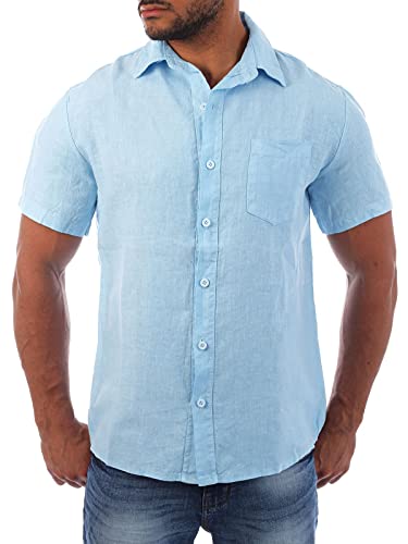 Young & Rich Herren Leinenhemd Kurzarm körperbetonte Passform sommerlich Leichter 100% Leinenstoff Slim Fit T3158, Grösse:S, Farbe:Hellblau von Young&Rich