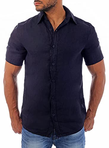 Young & Rich Herren Leinenhemd Kurzarm körperbetonte Passform sommerlich Leichter 100% Leinenstoff Slim Fit T3158, Grösse:3XL, Farbe:Dunkelblau von Young&Rich