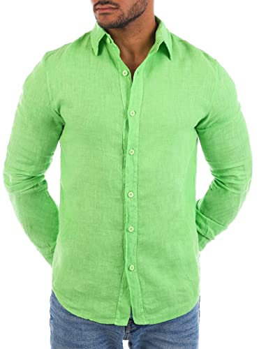 Young & Rich Herren Leinenhemd Langarm körperbetont Slim fit leicht tailliert 100% Leinen T3152-H1650, Grösse:S, Farbe:Lime-Grün von Young & Rich