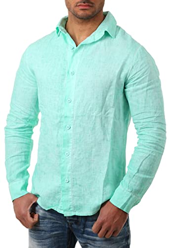 Young & Rich Herren Leinenhemd Langarm körperbetont leicht tailliert 100% Leinen T3152-H1650, Grösse:S, Farbe:hellgrün-Melange von Young & Rich