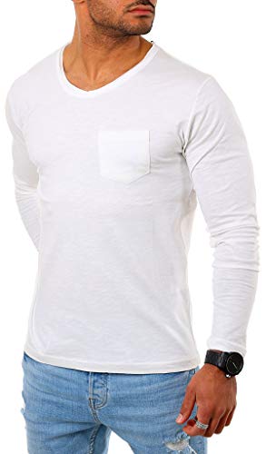 Young & Rich Herren Longsleeve Langarm Shirt mit Brusttasche tiefer Rundhals Ausschnitt Vintage Look Slim fit 2236, Grösse:L, Farbe:Offwhite von Young&Rich