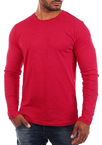 Young & Rich Herren Longsleeve Langarm Shirt mit Rundhals Ausschnitt Slim fit körperbetont 2237, Grösse:L, Farbe:Rot von Young&Rich