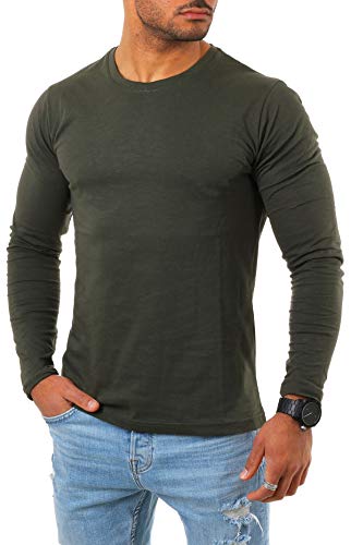 Young & Rich Herren Longsleeve Langarm Shirt mit Rundhals Ausschnitt Slim fit körperbetont 2237, Grösse:XXL, Farbe:Militär-Grün von Young&Rich