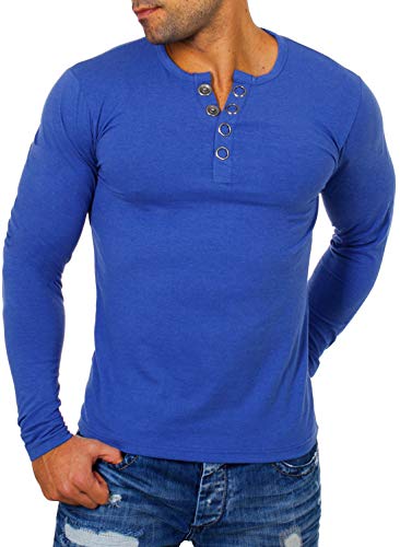 Young & Rich Herren Longsleeve Langarm T-Shirt Knopfleiste mit extra großen Metall Knöpfen Slimfit Big Buttons 2872, Grösse:L, Farbe:blau-Melange von Young&Rich