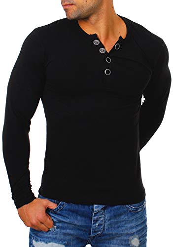 Young & Rich Herren Longsleeve Langarm T-Shirt Knopfleiste mit extra großen Metall Knöpfen Slimfit Big Buttons 2872, Grösse:L, Farbe:Schwarz von Young&Rich