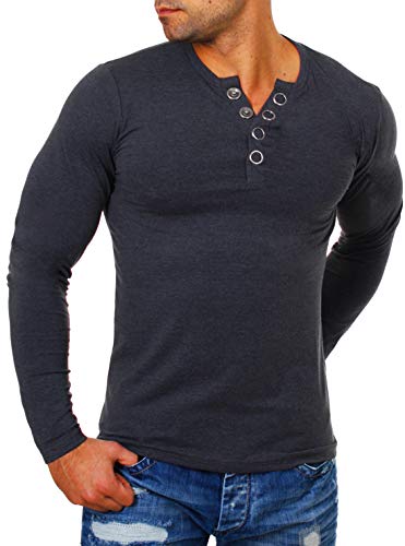 Young & Rich Herren Longsleeve Langarm T-Shirt Knopfleiste mit extra großen Metall Knöpfen Slimfit Big Buttons 2872, Grösse:M, Farbe:Dunkelgrau von Young&Rich