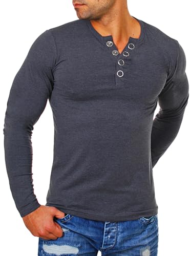 Young & Rich Herren Longsleeve Langarm T-Shirt Knopfleiste mit extra großen Metall Knöpfen Slimfit Big Buttons 2872, Grösse:M, Farbe:Dunkelgrau von Young & Rich
