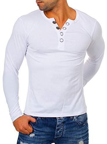 Young & Rich Herren Longsleeve Langarm T-Shirt Knopfleiste mit extra großen Metall Knöpfen Slimfit Big Buttons 2872, Grösse:S, Farbe:Weiß von Young&Rich