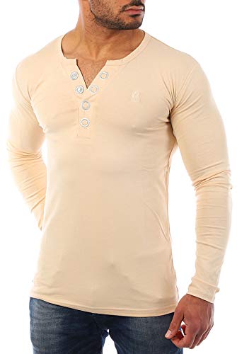 Young & Rich Herren Longsleeve Langarm T-Shirt Knopfleiste mit extra großen Metall Knöpfen Slimfit Big Buttons 2872, Grösse:L, Farbe:Beige von Young&Rich