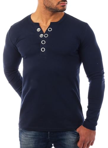 Young & Rich Herren Longsleeve Langarm T-Shirt Knopfleiste mit extra großen Metall Knöpfen Slimfit Big Buttons 2872, Grösse:L, Farbe:Dunkelblau von Young&Rich