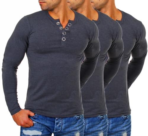 Young & Rich Herren Longsleeve Langarm T-Shirt Knopfleiste mit extra großen Metall Knöpfen Slimfit Big Buttons 2872, Grösse:L, Farbe:Dunkelgrau (3er Pack) von Young & Rich