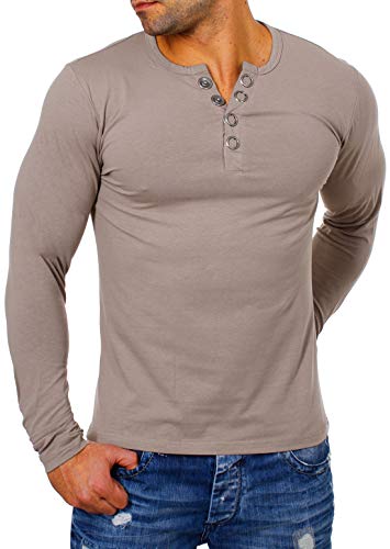 Young & Rich Herren Longsleeve Langarm T-Shirt Knopfleiste mit extra großen Metall Knöpfen Slimfit Big Buttons 2872, Grösse:L, Farbe:Hellbraun von Young & Rich