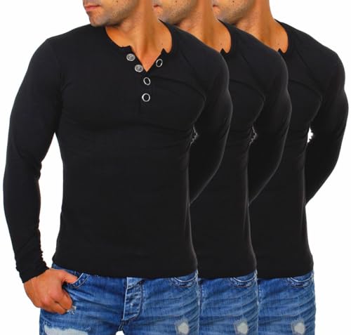 Young & Rich Herren Longsleeve Langarm T-Shirt Knopfleiste mit extra großen Metall Knöpfen Slimfit Big Buttons 2872, Grösse:L, Farbe:Schwarz (3er Pack) von Young & Rich