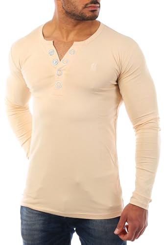 Young & Rich Herren Longsleeve Langarm T-Shirt Knopfleiste mit extra großen Metall Knöpfen Slimfit Big Buttons 2872, Grösse:S, Farbe:Beige von Young & Rich