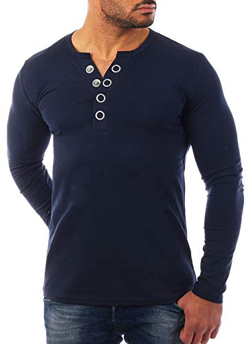 Young & Rich Herren Longsleeve Langarm T-Shirt Knopfleiste mit extra großen Metall Knöpfen Slimfit Big Buttons 2872, Grösse:S, Farbe:Dunkelblau von Young&Rich