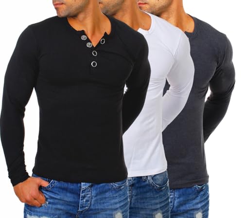 Young & Rich Herren Longsleeve Langarm T-Shirt Knopfleiste mit extra großen Metall Knöpfen Slimfit Big Buttons 2872, Grösse:S, Farbe:Weiß/Schwarz/Dunkelgrau (3er Pack) von Young & Rich