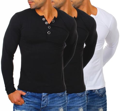 Young & Rich Herren Longsleeve Langarm T-Shirt Knopfleiste mit extra großen Metall Knöpfen Slimfit Big Buttons 2872, Grösse:XL, Farbe:2X Schwarz / 1x Weiß (3er Pack) von Young & Rich