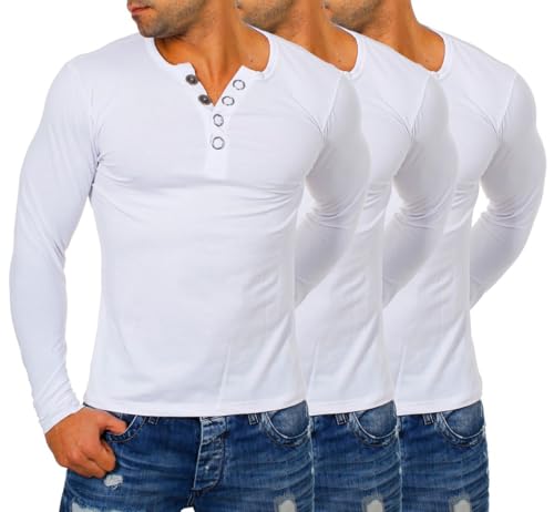 Young & Rich Herren Longsleeve Langarm T-Shirt Knopfleiste mit extra großen Metall Knöpfen Slimfit Big Buttons 2872, Grösse:XL, Farbe:Weiß (3er Pack) von Young & Rich