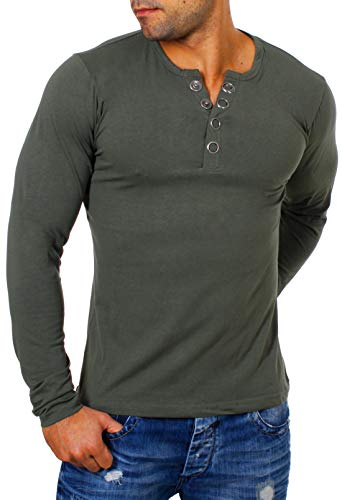 Young & Rich Herren Longsleeve Langarm T-Shirt Knopfleiste mit extra großen Metall Knöpfen Slimfit Big Buttons 2872, Grösse:XXL, Farbe:Militär-Grün von Young&Rich