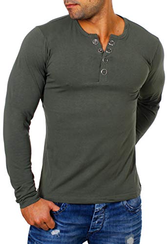 Young & Rich Herren Longsleeve Langarm T-Shirt Knopfleiste mit extra großen Metall Knöpfen Slimfit Big Buttons 2872, Grösse:XXL, Farbe:Militär-Grün von Young & Rich