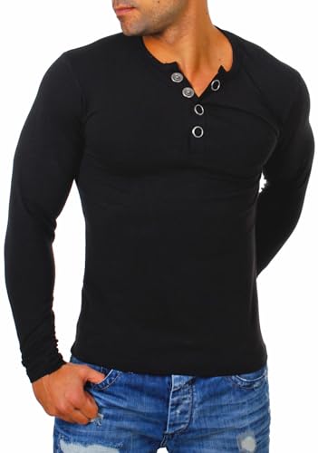 Young & Rich Herren Longsleeve Langarm T-Shirt Knopfleiste mit extra großen Metall Knöpfen Slimfit Big Buttons 2872, Grösse:XXL, Farbe:Schwarz von Young & Rich