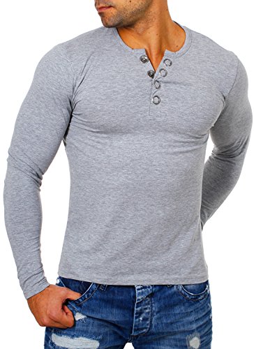 Young & Rich Herren Longsleeve Langarm T-Shirt Knopfleiste mit extra großen Metall Knöpfen Slimfit Big Buttons 2872, Grösse:XL, Farbe:Grau von Young & Rich
