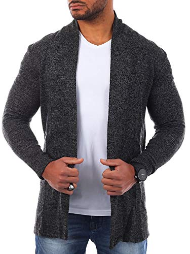 Young & Rich Herren Strickjacke Leichter Cardigan Weste mit Stehkragen meliert Lange Passform X2030, Grösse:S, Farbe:Dunkelgrau von Young&Rich