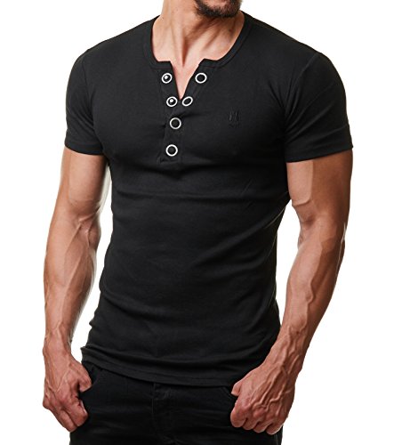 Young & Rich Herren T-Shirt Rundhals Knopfleiste Body Fit Schwarz Weiß Rot YR 1872, Farbe:Schwarz, Größe:3XL von Young&Rich